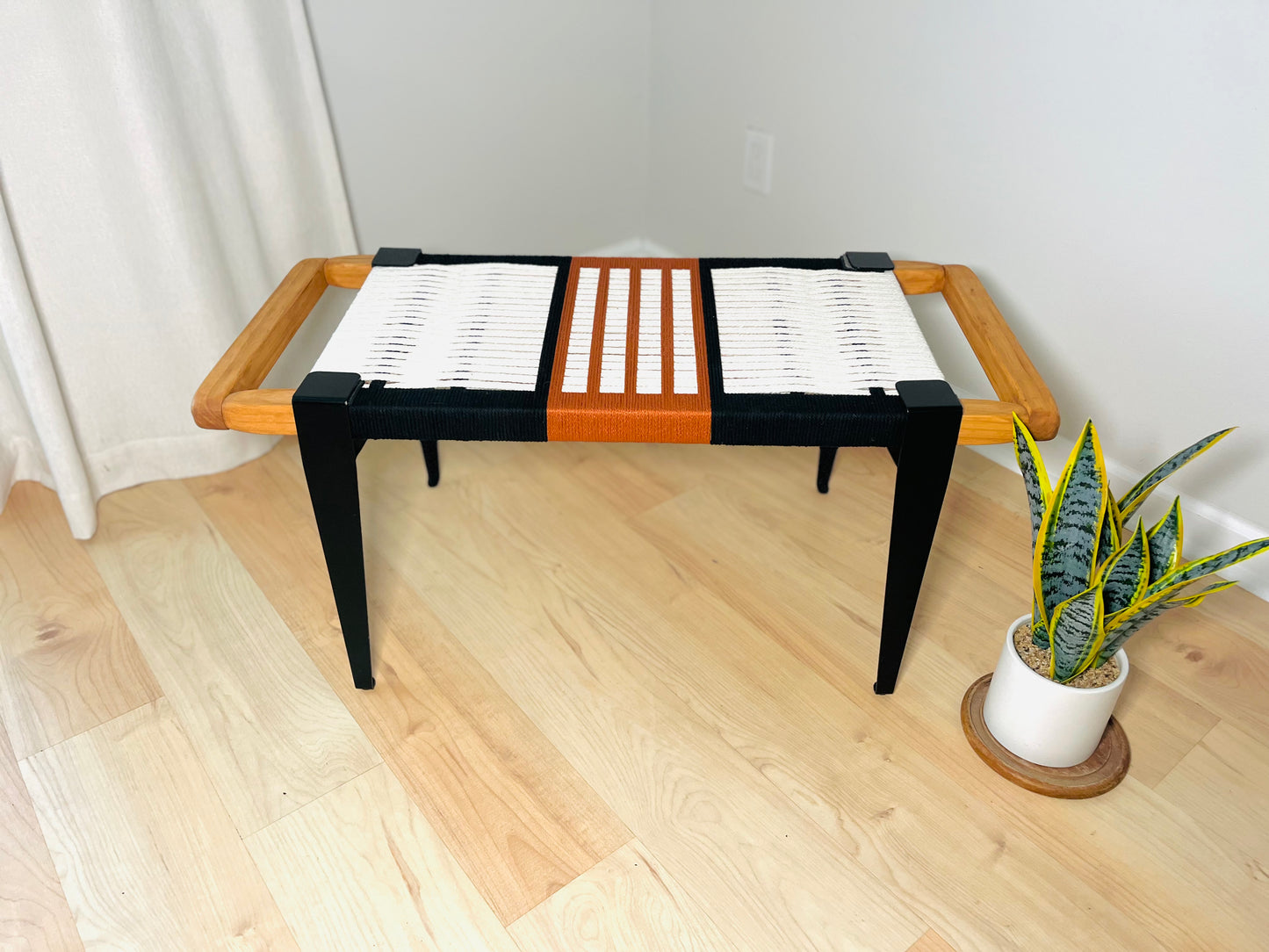 Mid Century Bench | Custom Size Woven Entryway Seating With Matte Black Legs