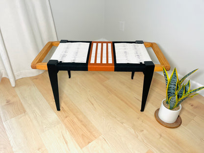 Mid Century Bench | Custom Size Woven Entryway Seating With Matte Black Legs