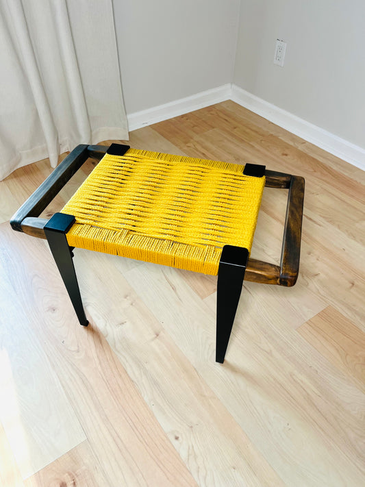 Mid Century Bench | Custom Size Woven Entryway Seating With Matte Black Legs