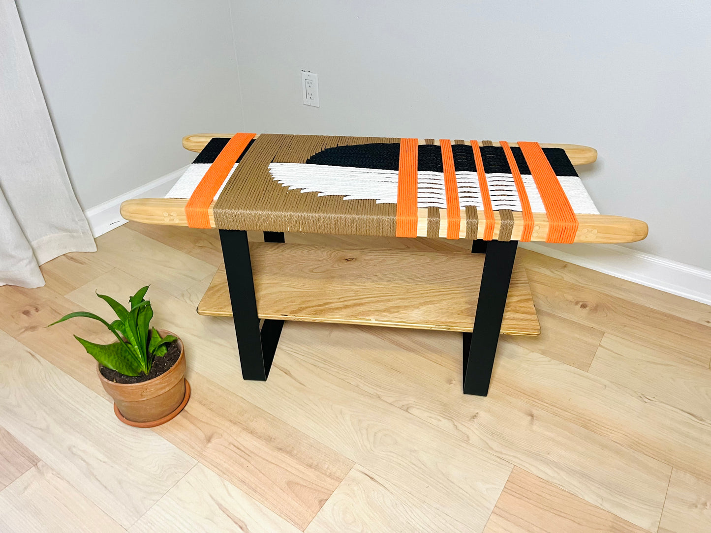 Mid Century Bench | Custom Size Woven Entryway Seating With Matte Black Legs