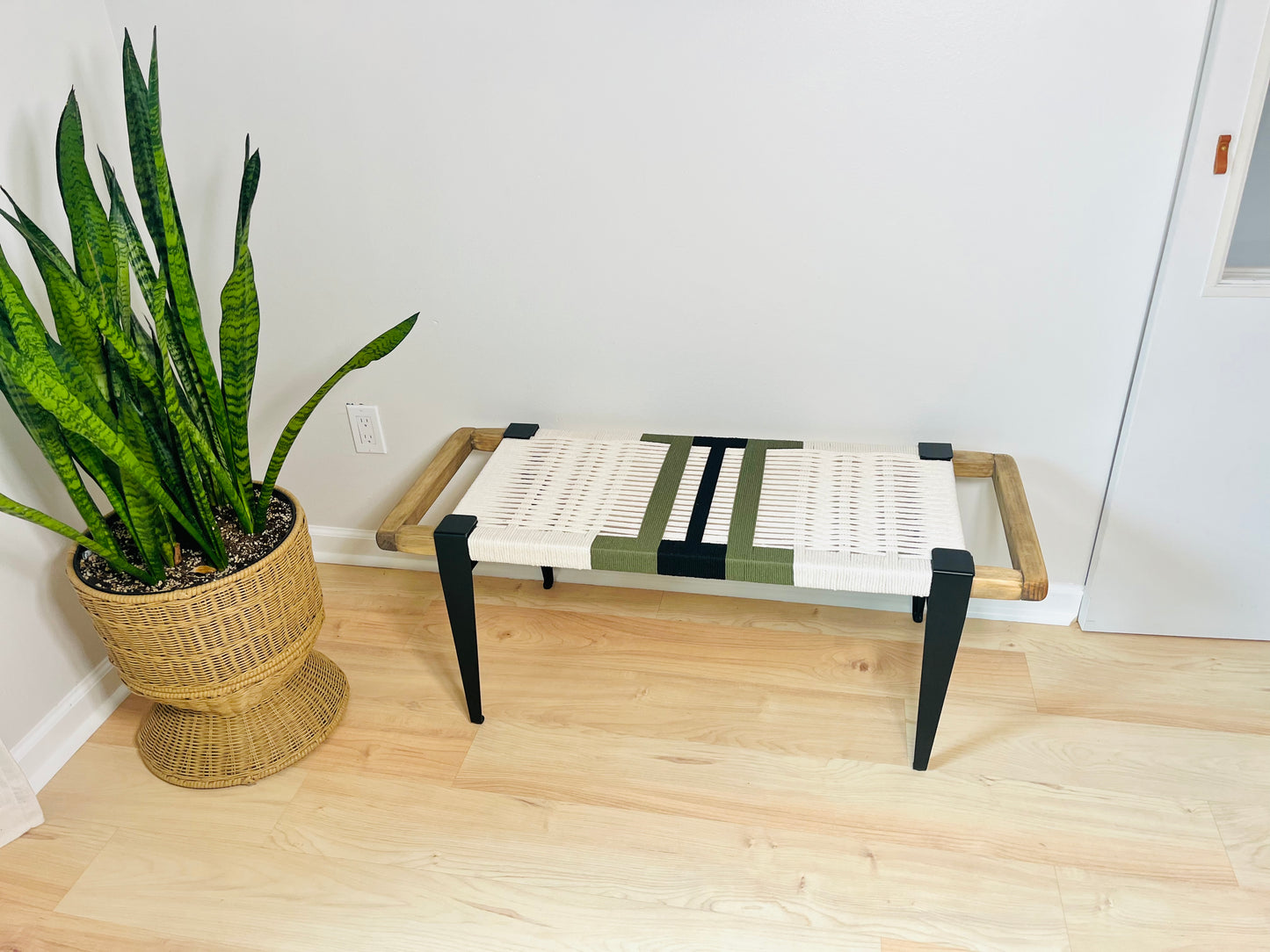 Mid Century Bench | Custom Size Woven Entryway Seating With Matte Black Legs