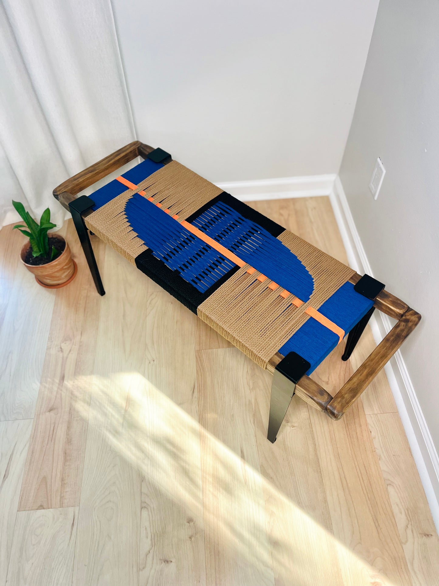 Mid Century Bench | Custom Size Woven Entryway Seating With Matte Black Legs