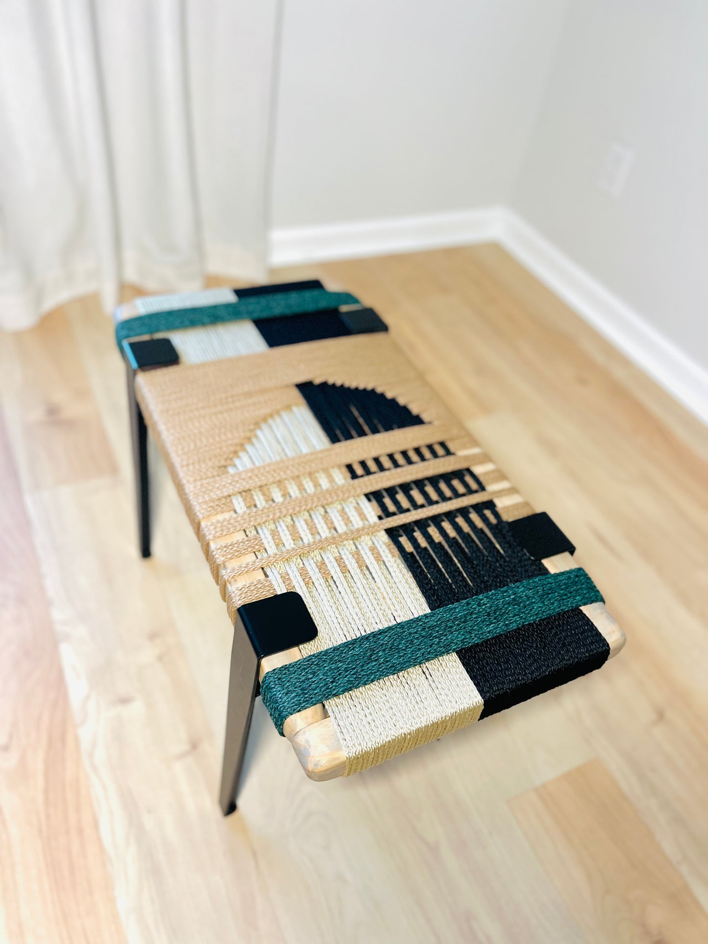 Mid Century Bench | Custom Size Woven Entryway Seating With Matte Black Legs