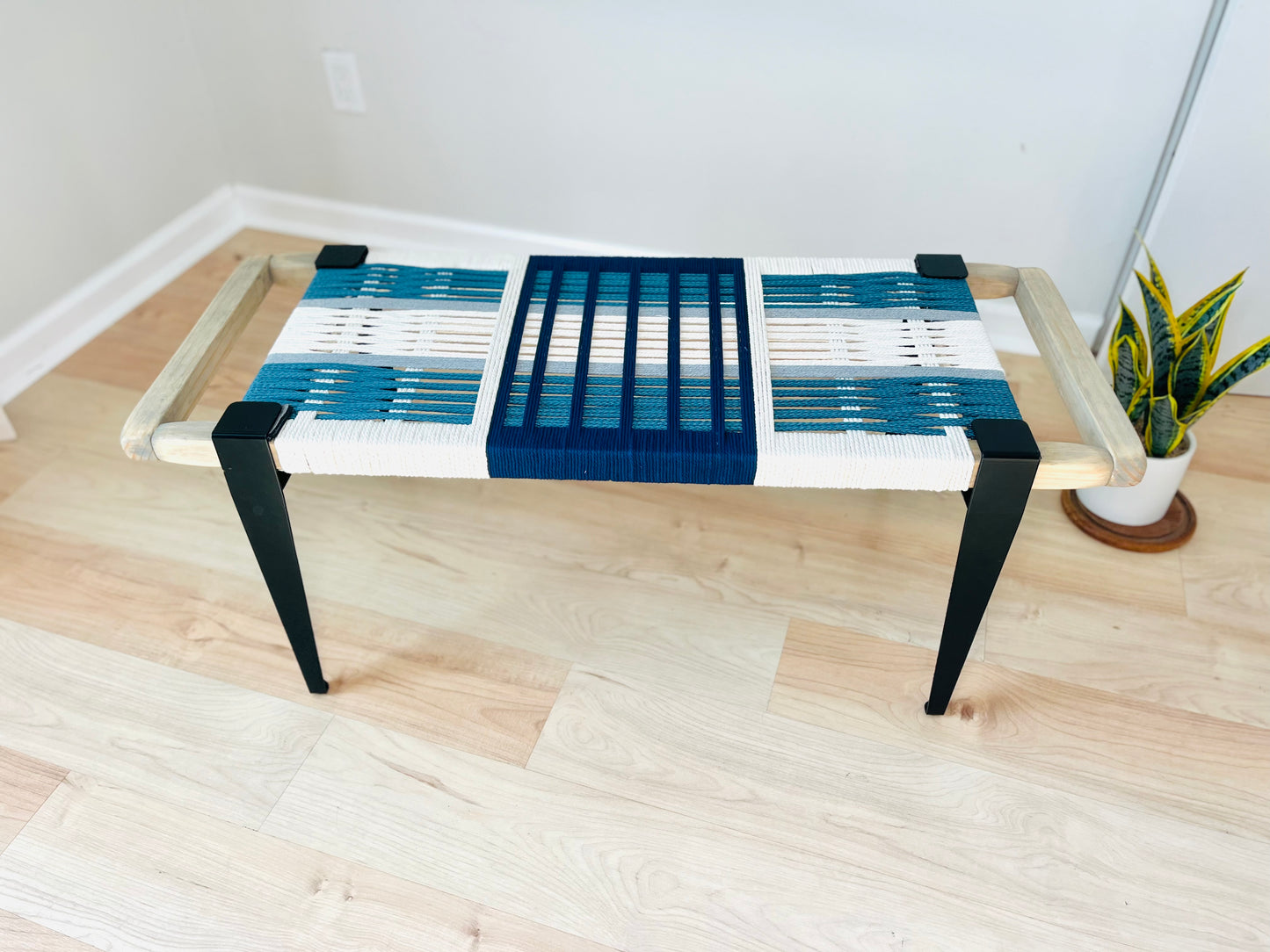 Mid Century Bench | Custom Size Woven Entryway Seating With Matte Black Legs