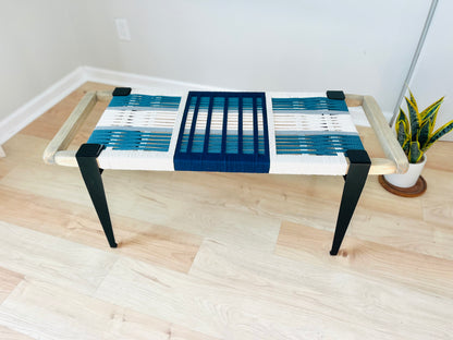 Mid Century Bench | Custom Size Woven Entryway Seating With Matte Black Legs