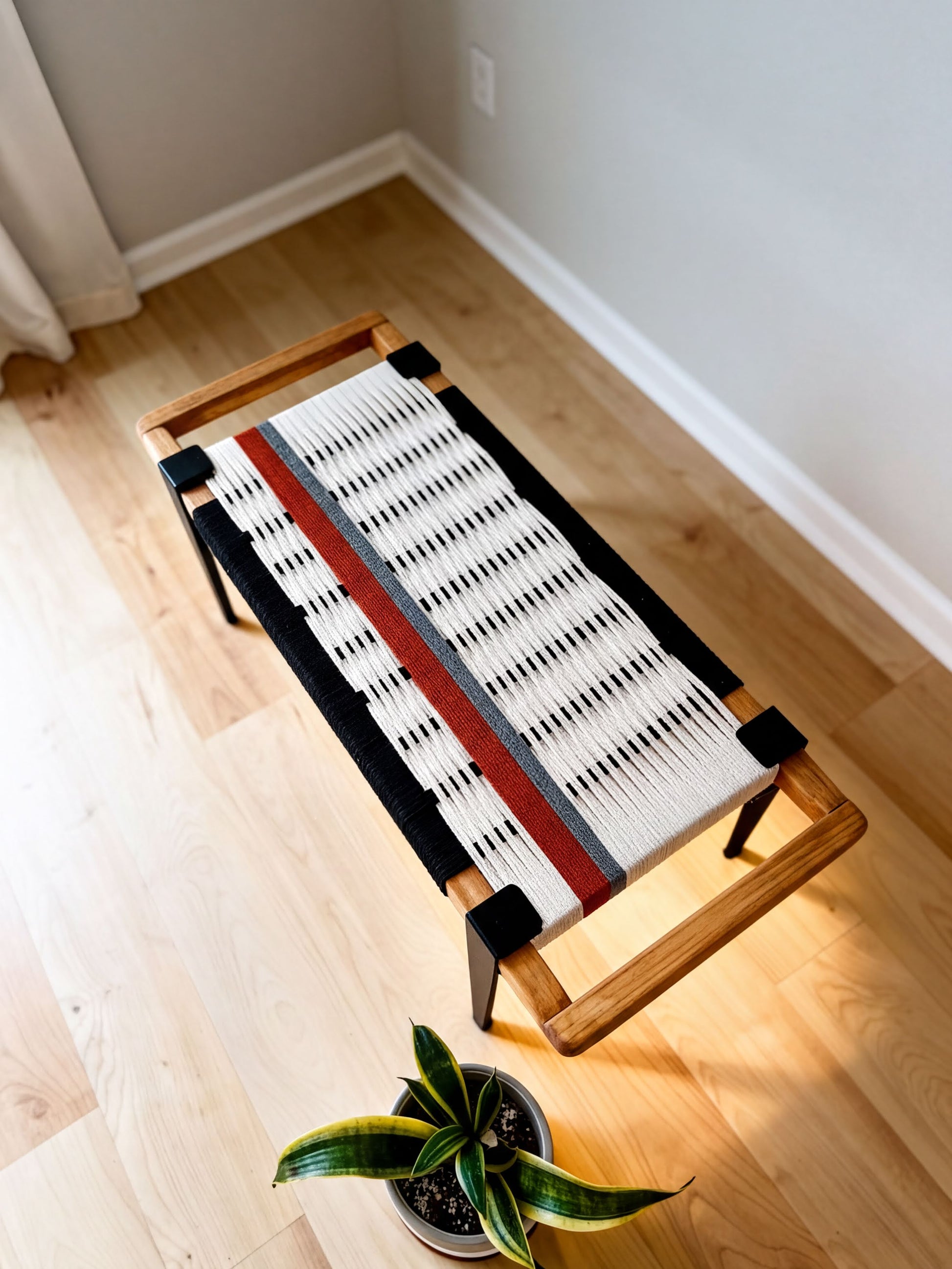 a wooden bench with a woven seat and a red stripe, placed on a wooden floor. There is a potted plant nearby, adding a touch of greenery to the scene.