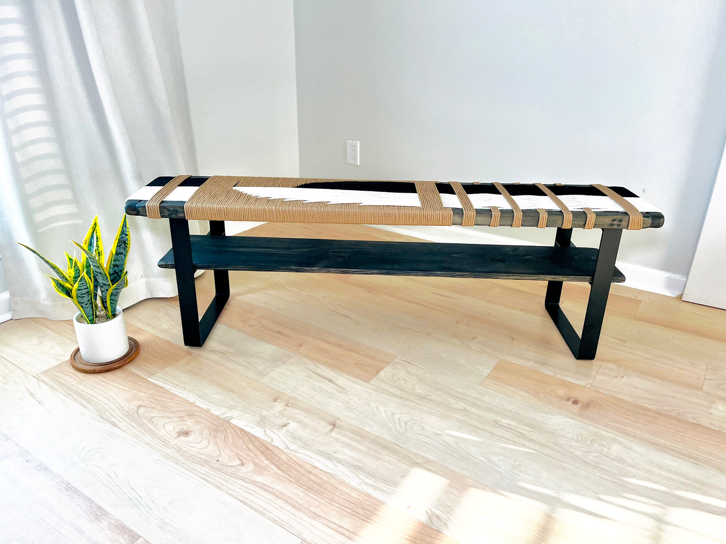 Mid Century Bench | Custom Size Woven Entryway Seating With Matte Black Legs
