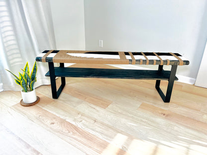 Mid Century Bench | Custom Size Woven Entryway Seating With Matte Black Legs