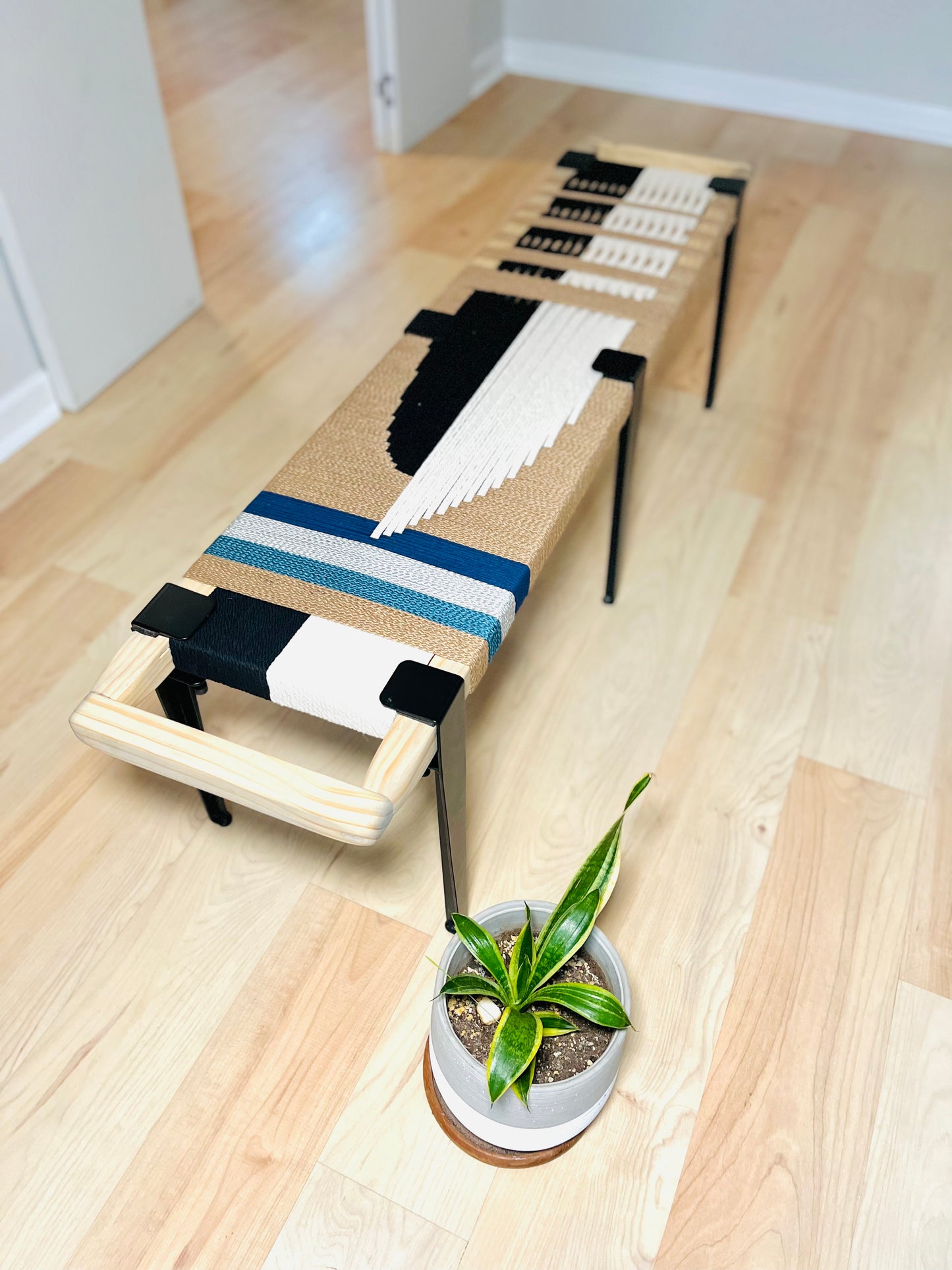Mid Century Bench | Custom Size Woven Entryway Seating With Matte Black Legs