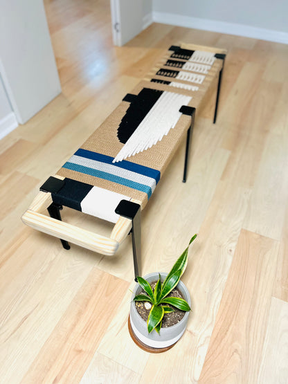 Mid Century Bench | Custom Size Woven Entryway Seating With Matte Black Legs