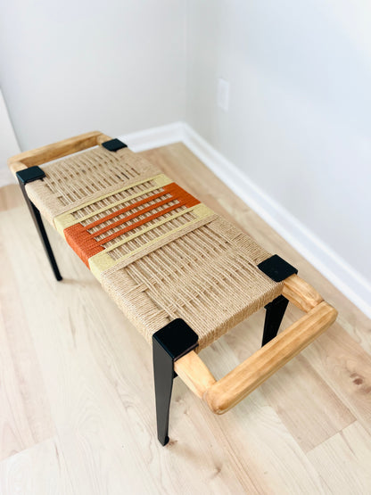 Mid Century Bench | Custom Size Woven Entryway Seating With Matte Black Legs