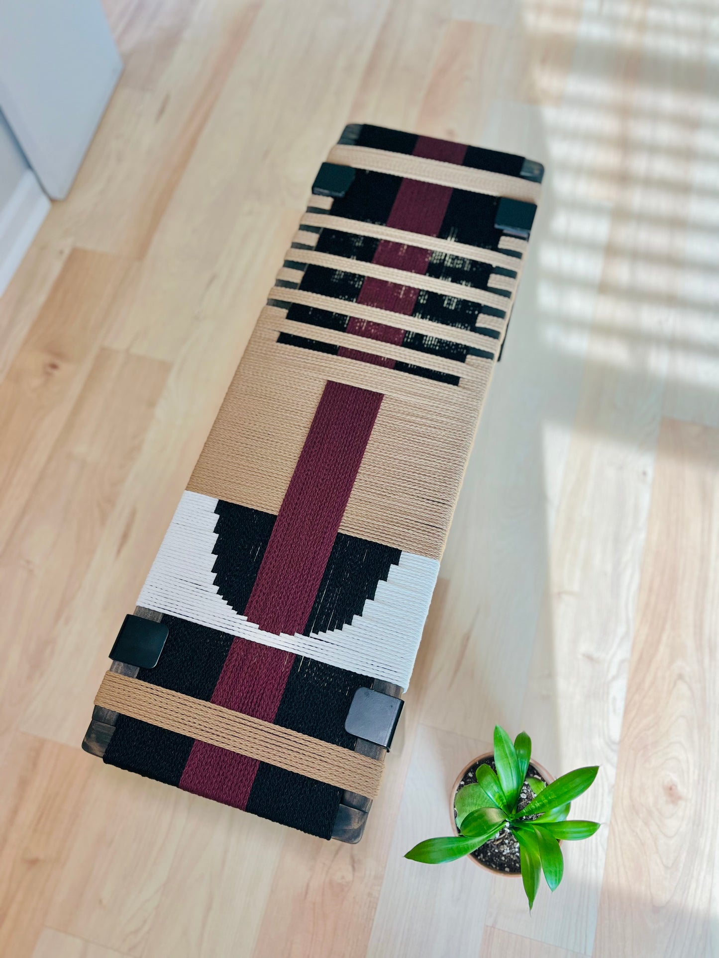 Mid Century Bench | Custom Size Woven Entryway Seating With Matte Black Legs