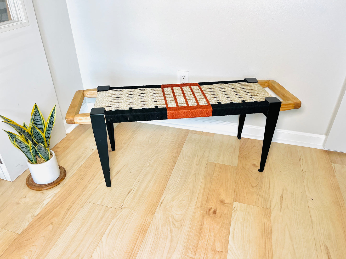 Mid Century Bench | Custom Size Woven Entryway Seating With Matte Black Legs