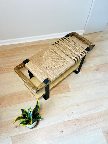 Mid Century Bench | Custom Size Woven Entryway Seating With Matte Black Legs