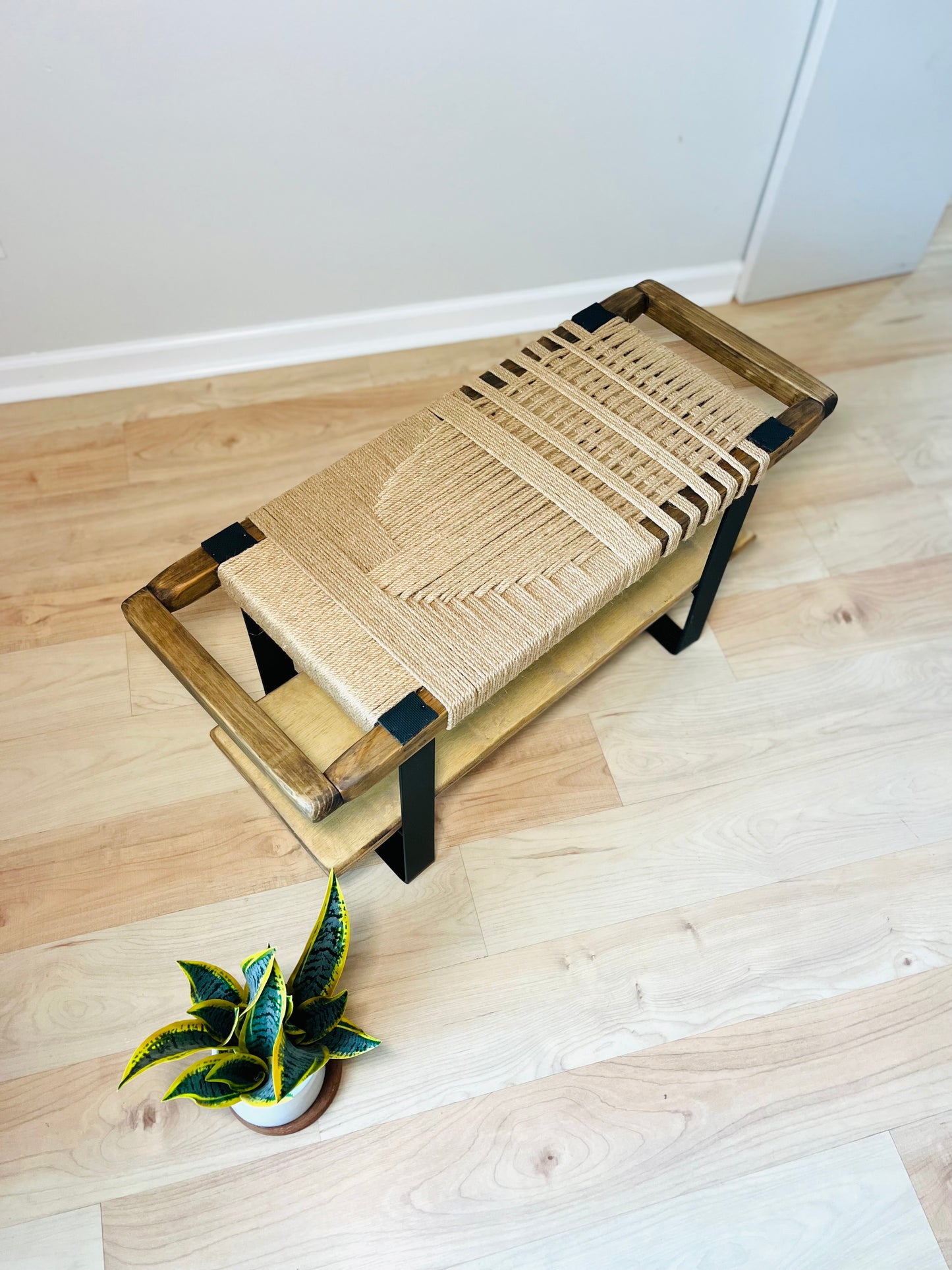 Mid Century Bench | Custom Size Woven Entryway Seating With Matte Black Legs