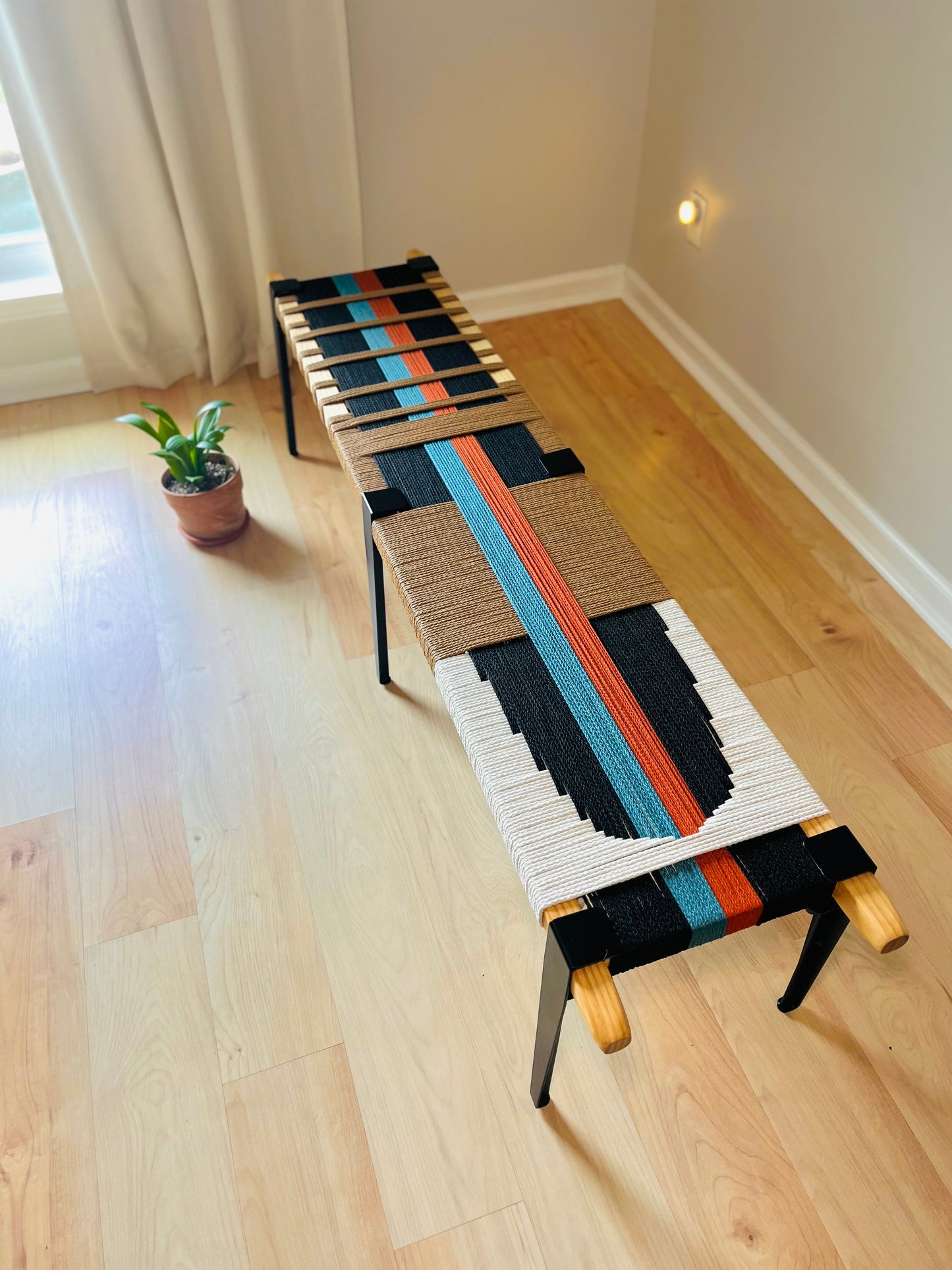 Mid Century Bench | Custom Size Woven Entryway Seating With Matte Black Legs