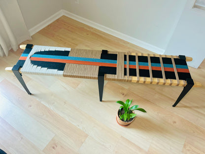 Mid Century Bench | Custom Size Woven Entryway Seating With Matte Black Legs