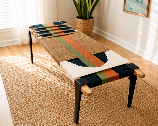 Mid Century Bench | Custom Size Woven Entryway Seating With Matte Black Legs