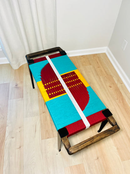 Mid Century Bench | Custom Size Woven Entryway Seating With Matte Black Legs