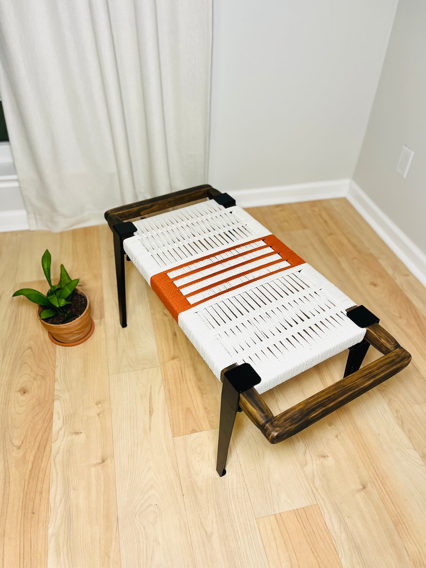 Mid Century Bench | Custom Size Woven Entryway Seating With Matte Black Legs