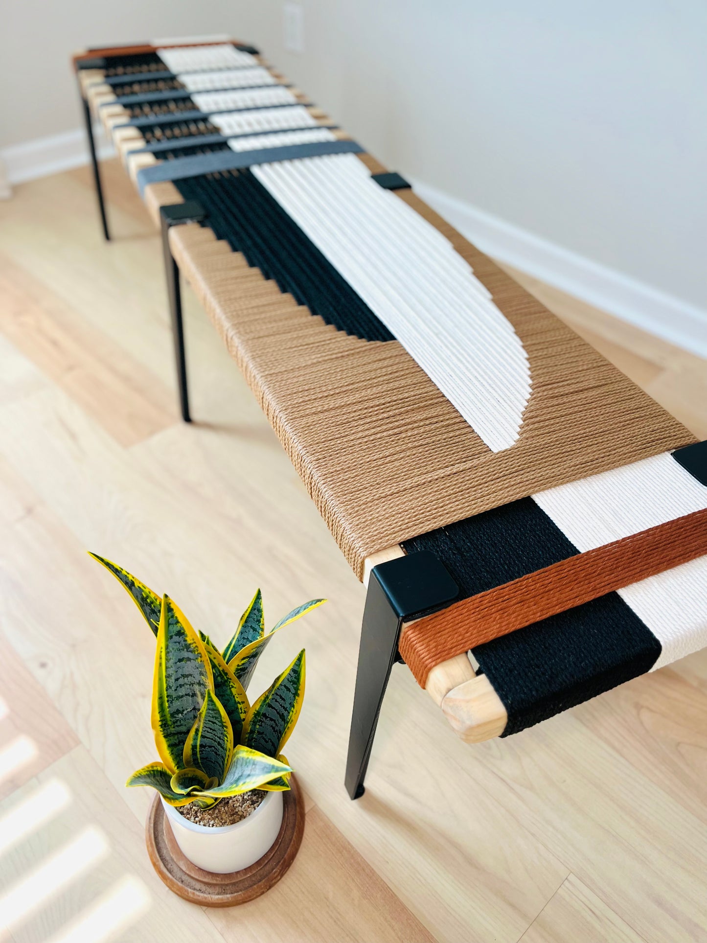 Mid Century Bench | Custom Size Woven Entryway Seating With Matte Black Legs