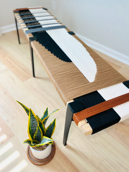 Mid Century Bench | Custom Size Woven Entryway Seating With Matte Black Legs