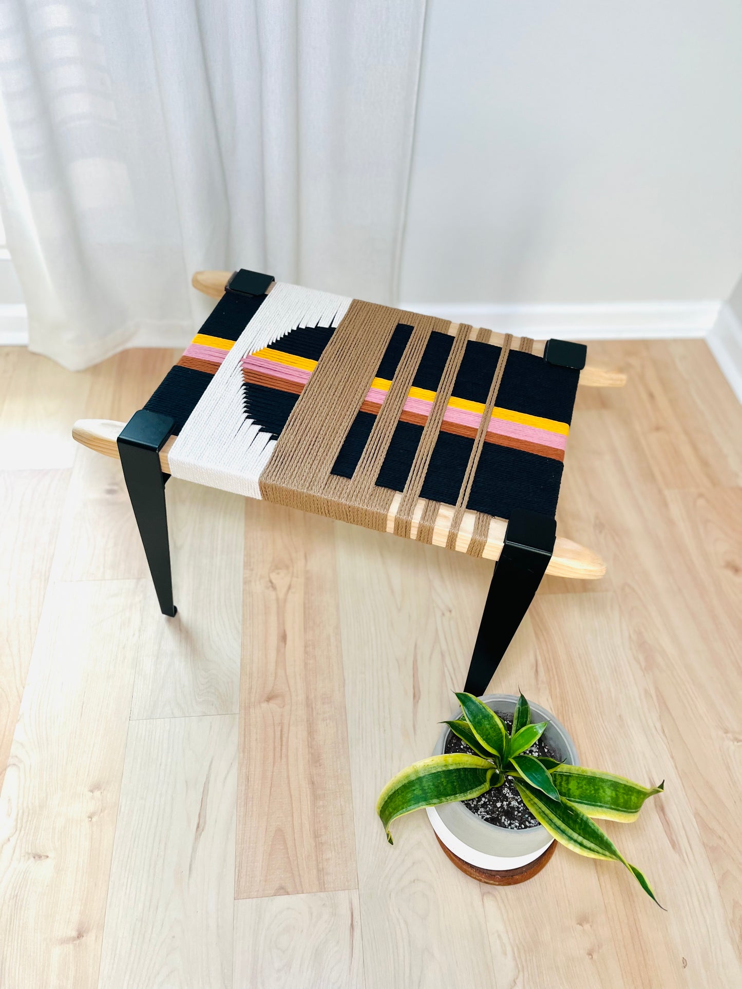 Mid Century Bench | Custom Size Woven Entryway Seating With Matte Black Legs