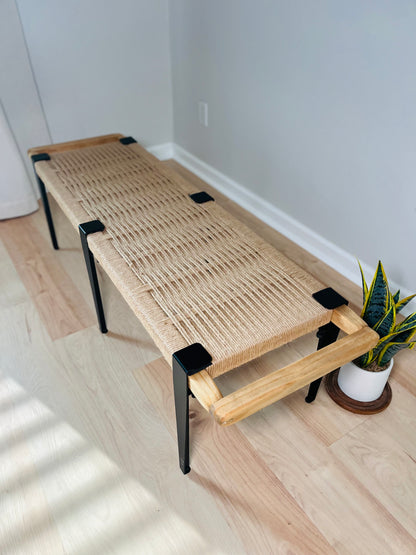 Mid Century Bench | Custom Size Woven Entryway Seating With Matte Black Legs