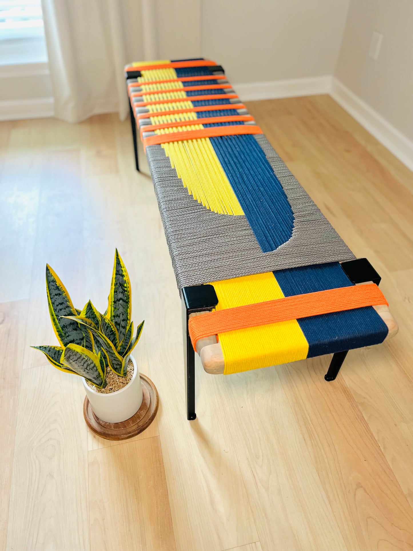 Mid Century Bench | Custom Size Woven Entryway Seating With Matte Black Legs