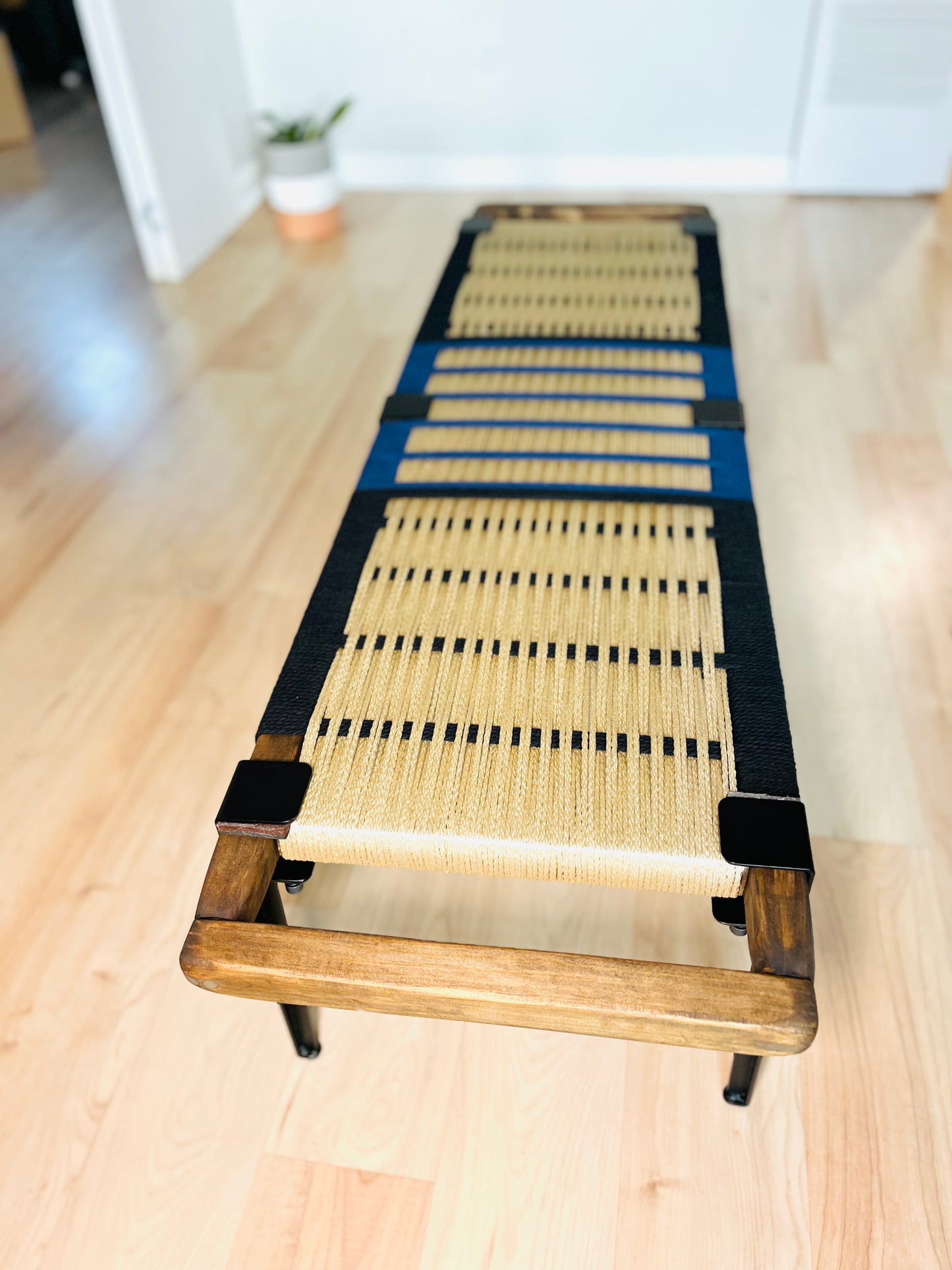 Mid Century Bench | Custom Size Woven Entryway Seating With Matte Black Legs