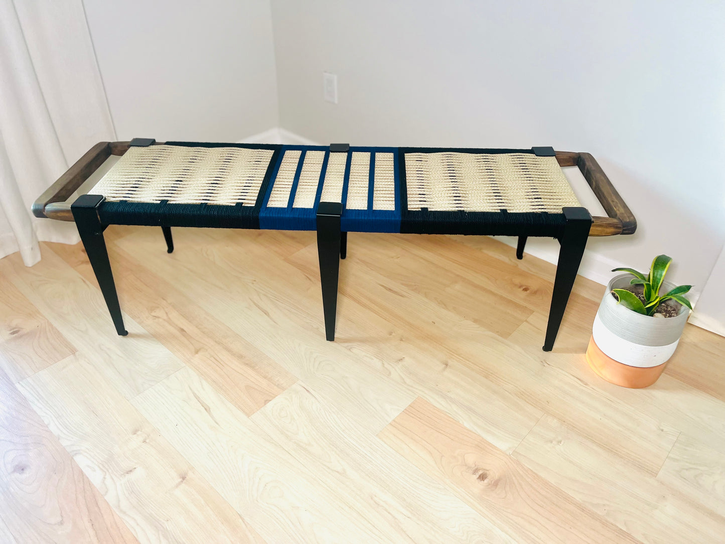 Mid Century Bench | Custom Size Woven Entryway Seating With Matte Black Legs