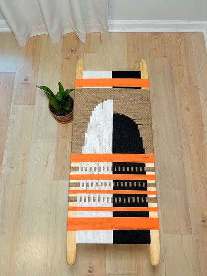 Mid Century Bench | Custom Size Woven Entryway Seating With Matte Black Legs