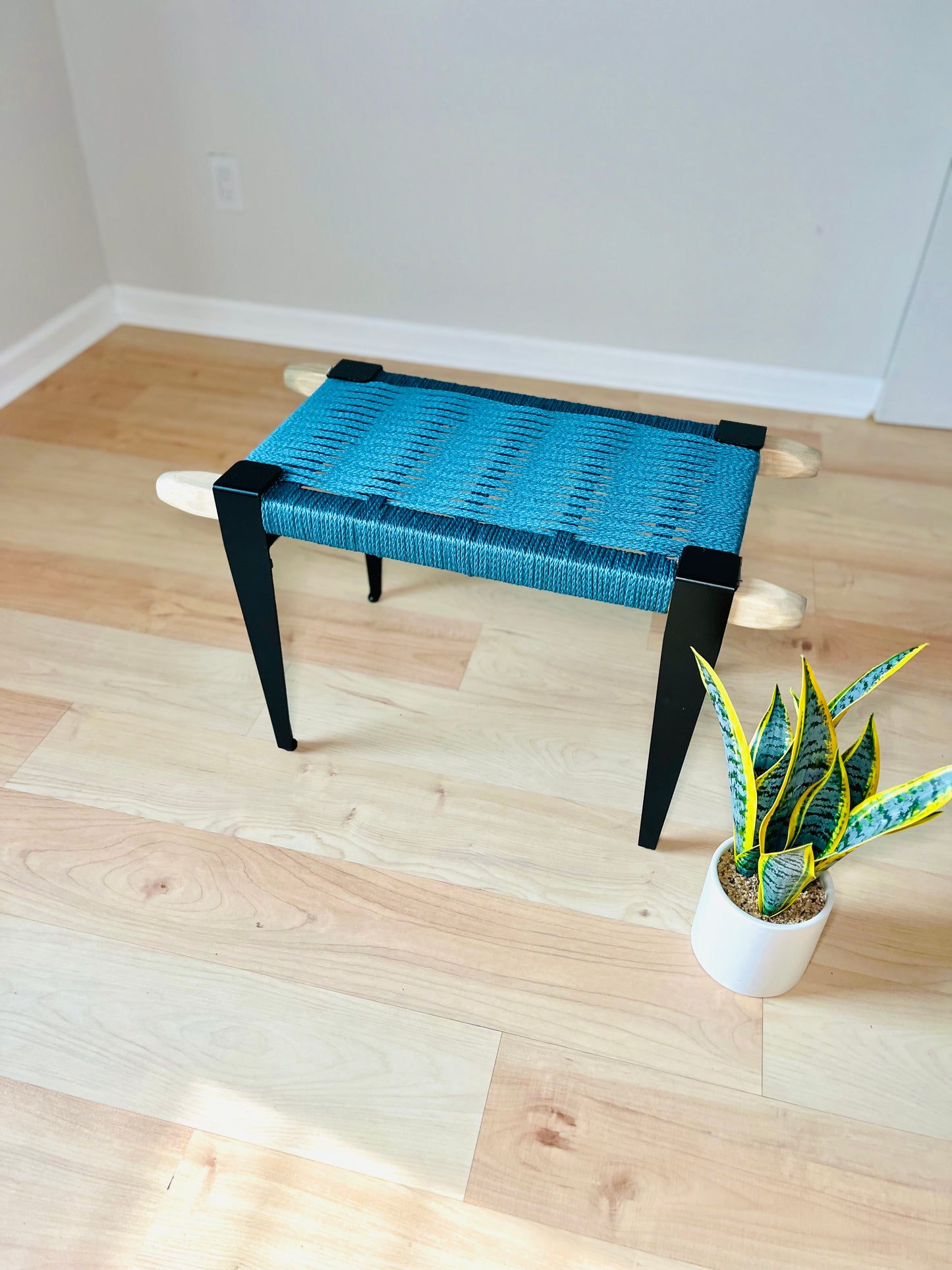 Mid Century Bench | Custom Size Woven Entryway Seating With Matte Black Legs
