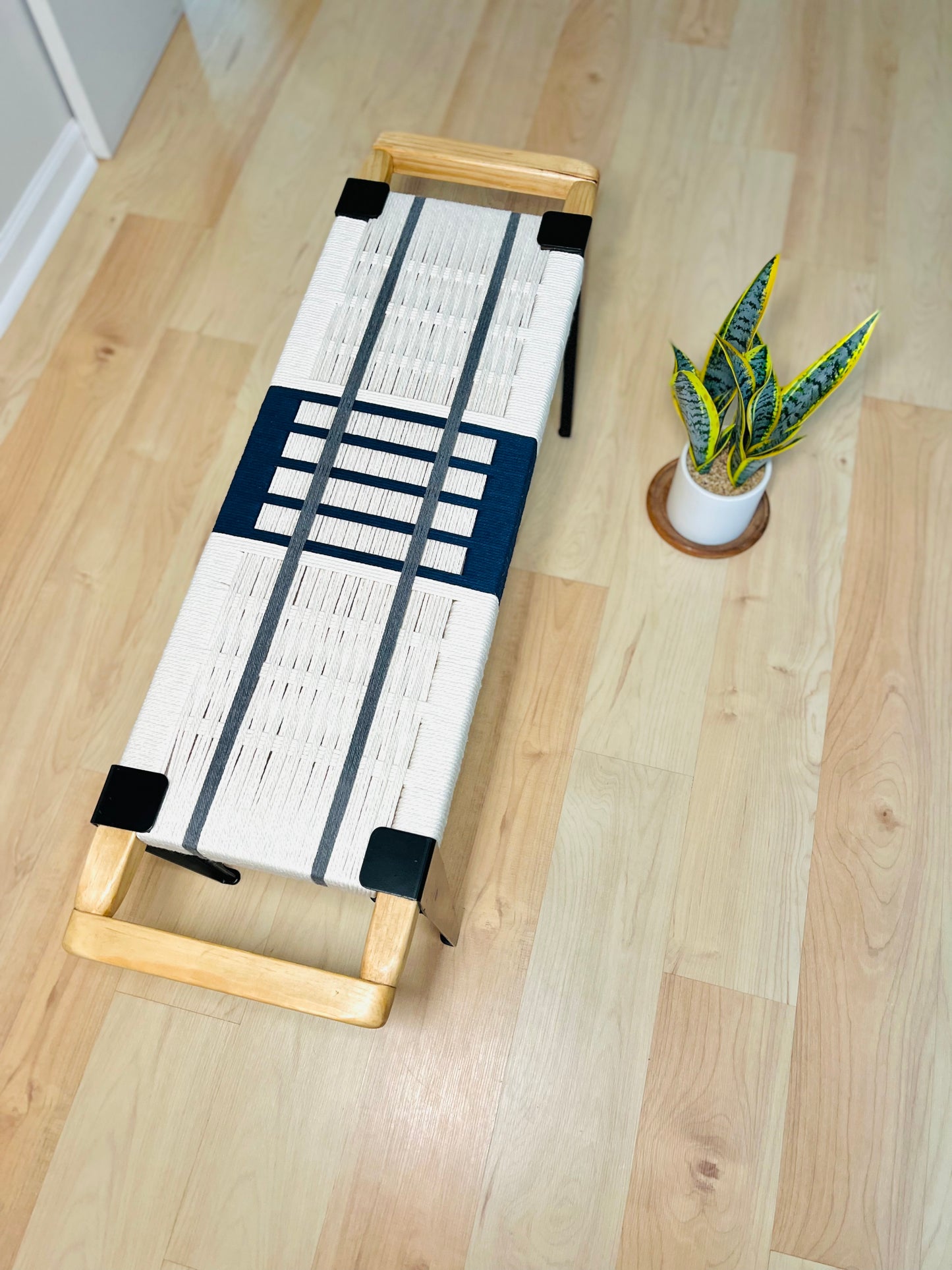 Mid Century Bench | Custom Size Woven Entryway Seating With Matte Black Legs