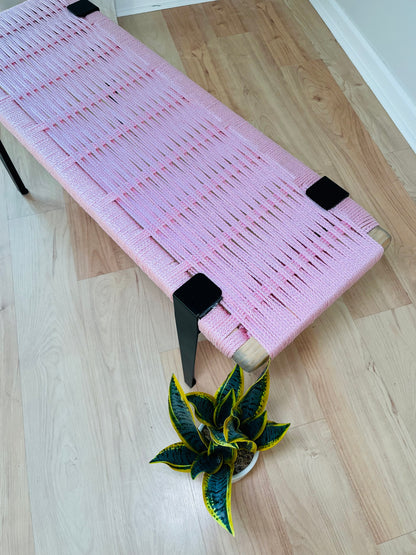 Mid Century Bench | Custom Size Woven Entryway Seating With Matte Black Legs