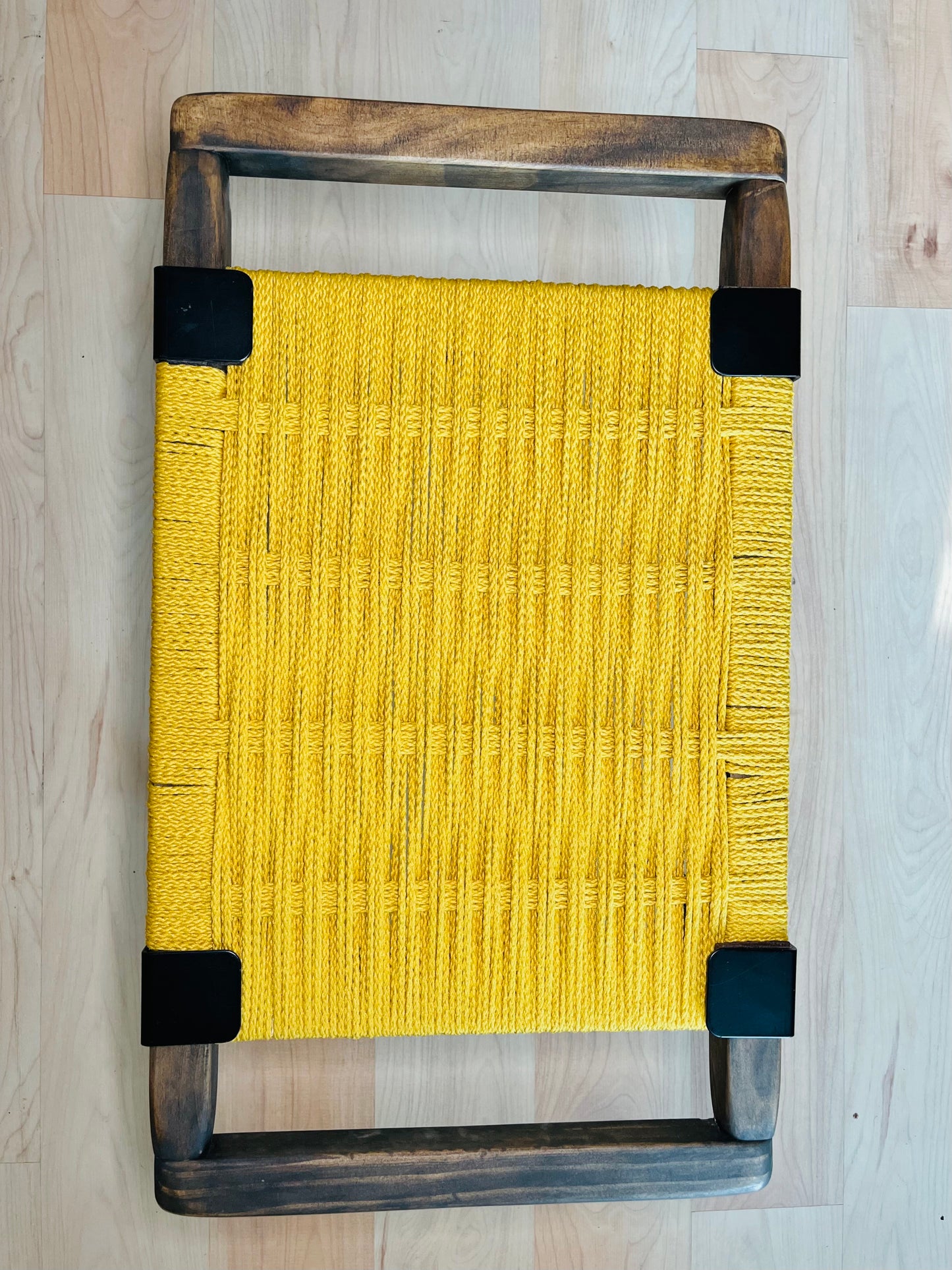 Mid Century Bench | Custom Size Woven Entryway Seating With Matte Black Legs