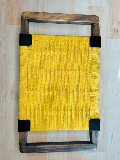 Mid Century Bench | Custom Size Woven Entryway Seating With Matte Black Legs