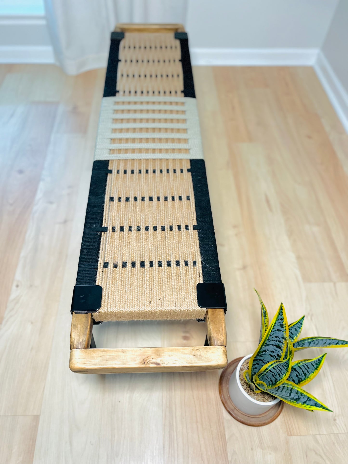 Mid Century Bench | Custom Size Woven Entryway Seating With Matte Black Legs