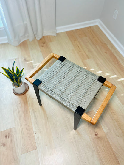 Mid Century Bench | Custom Size Woven Entryway Seating With Matte Black Legs
