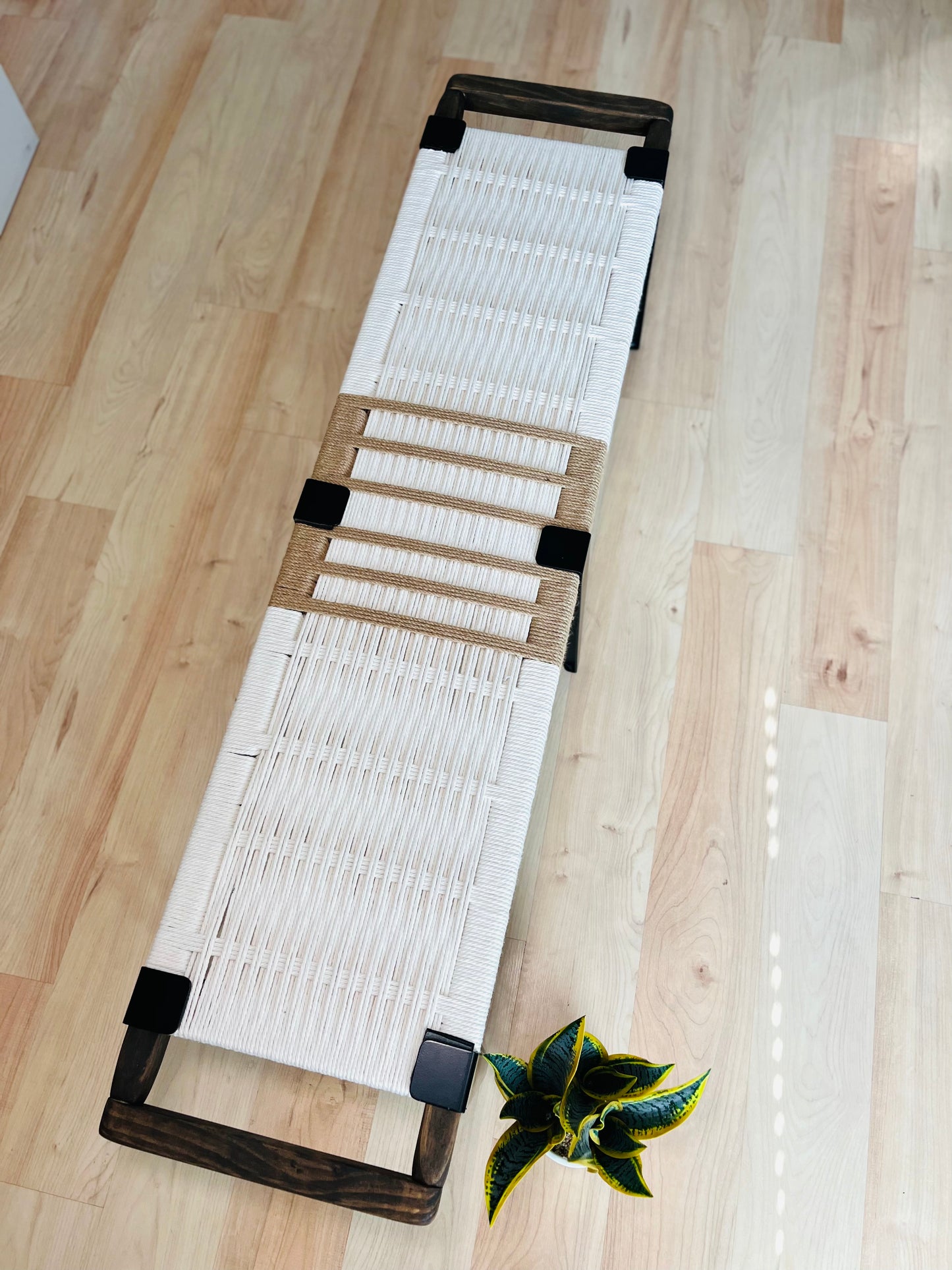Mid Century Bench | Custom Size Woven Entryway Seating With Matte Black Legs