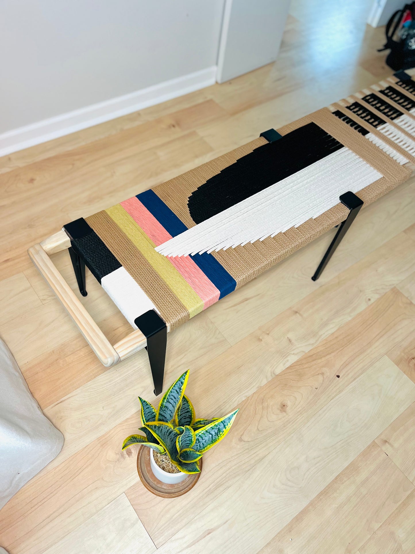 Mid Century Bench | Custom Size Woven Entryway Seating With Matte Black Legs