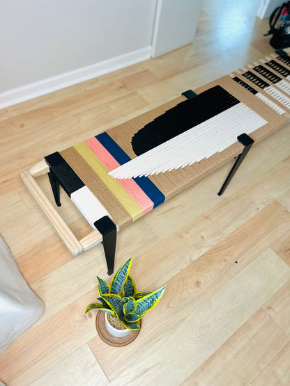 Mid Century Bench | Custom Size Woven Entryway Seating With Matte Black Legs