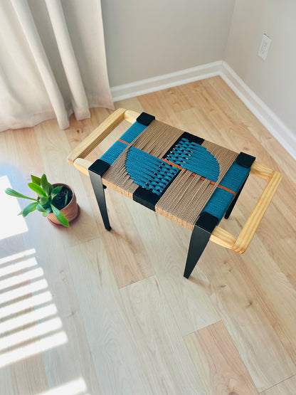 Mid Century Bench | Custom Size Woven Entryway Seating With Matte Black Legs