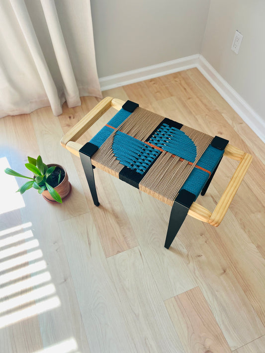 Mid Century Bench | Custom Size Woven Entryway Seating With Matte Black Legs