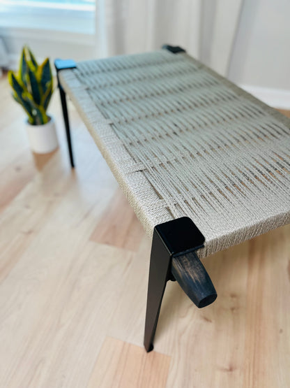 Mid Century Bench | Custom Size Woven Entryway Seating With Matte Black Legs