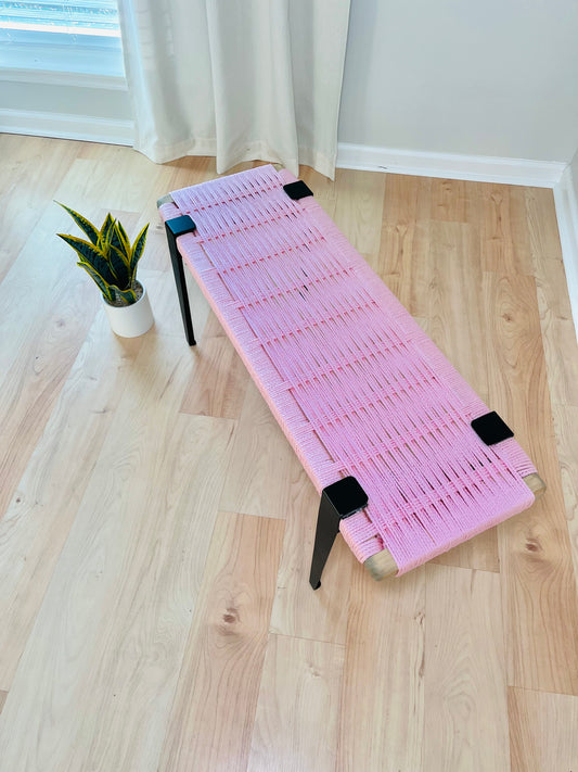 Mid Century Bench | Custom Size Woven Entryway Seating With Matte Black Legs