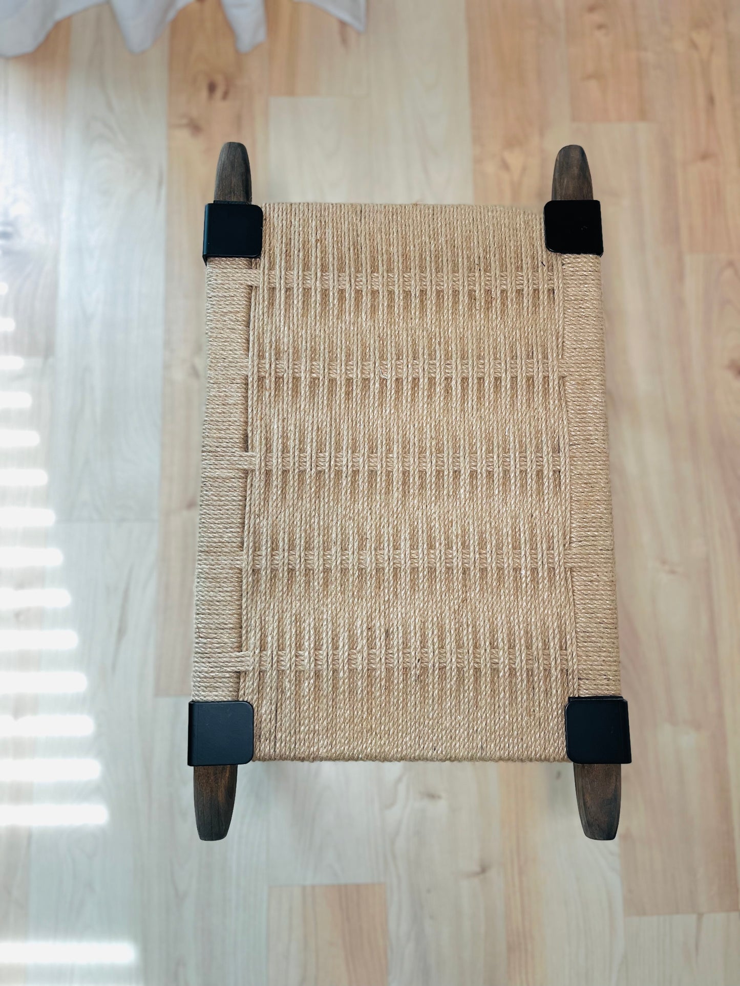 Mid Century Bench | Custom Size Woven Entryway Seating With Matte Black Legs