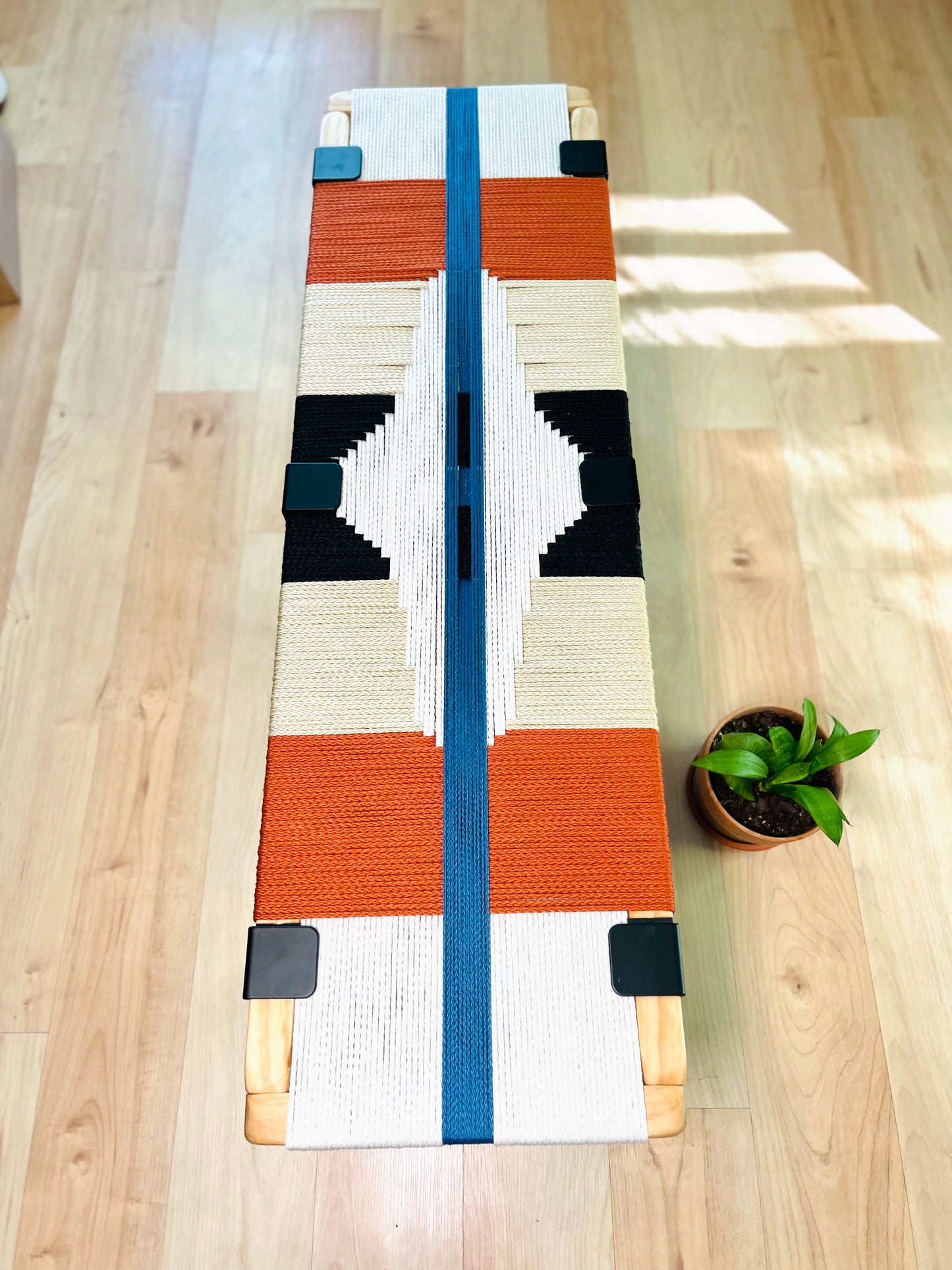 Mid Century Bench | Custom Size Woven Entryway Seating With Matte Black Legs