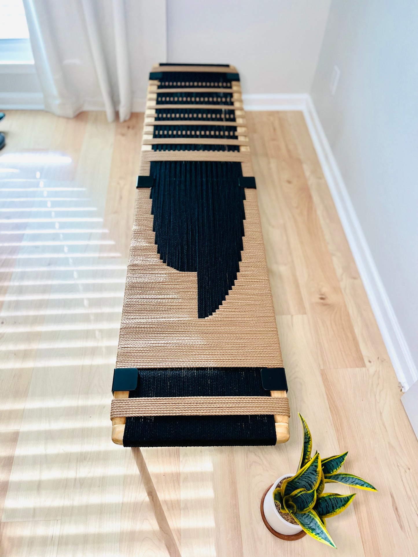 Mid Century Bench | Custom Size Woven Entryway Seating With Matte Black Legs
