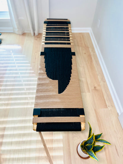 Mid Century Bench | Custom Size Woven Entryway Seating With Matte Black Legs
